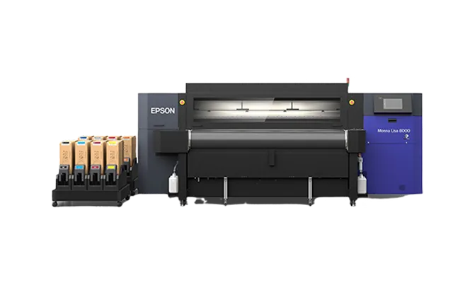 Epson Monna Lisa 8000 industrial printer with multiple ink cartridges on the left.