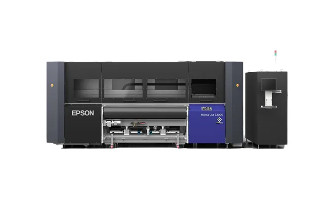 Epson Monna Lisa 32000 large industrial printer with black and blue panels and a connected control unit with screen.