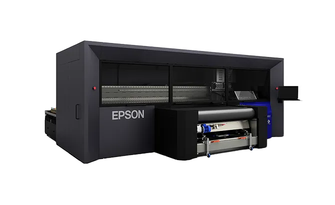 Large black Epson industrial printer with front rollers and side control panel.