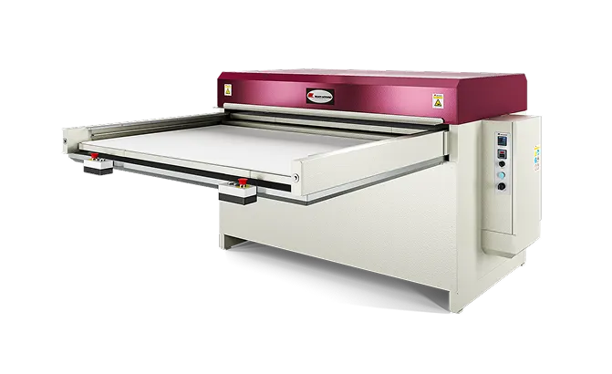 Industrial flatbed cutting machine with a large rectangular surface and control panel on the side.