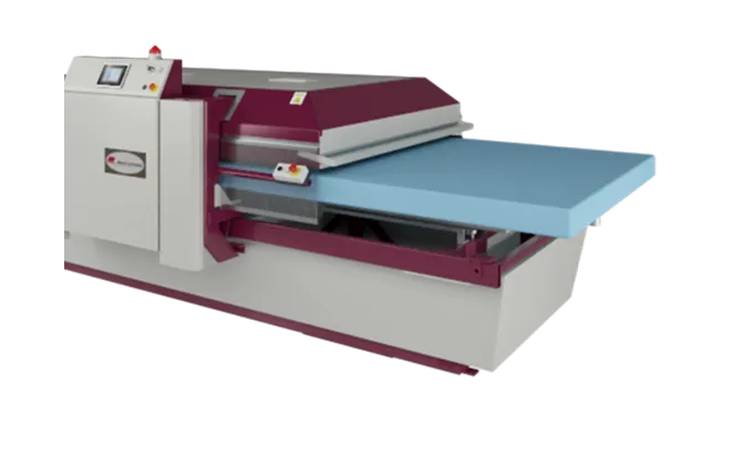 Industrial heat press machine with a large blue foam pad on the pressing surface.