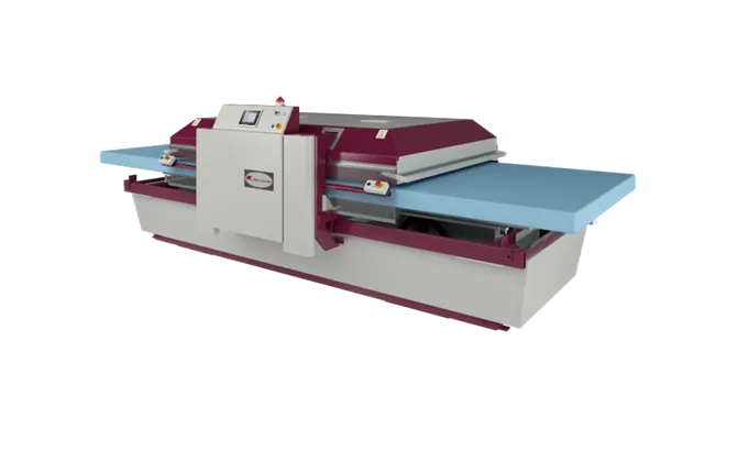 Flatbed industrial machine with maroon and white body and light blue extension tables on both sides.