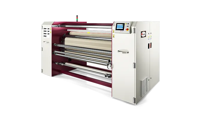 Large industrial machine with multiple rollers and a control panel, used for processing materials.