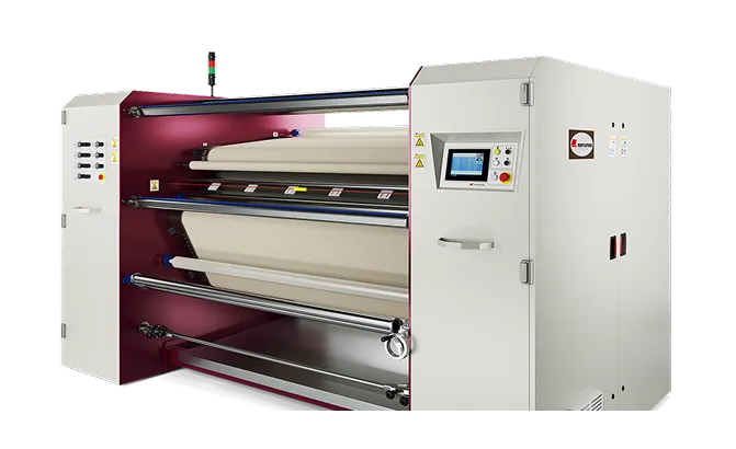 Industrial textile fabric rolling machine with control panel and multiple rollers.