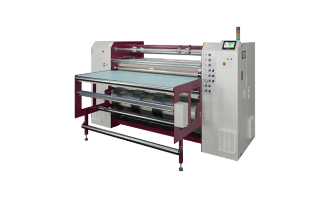 Industrial fabric inspection machine with rollers and control panel.