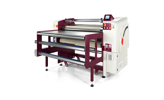 Industrial textile machine with maroon frame and white control panel featuring buttons and a small display screen.