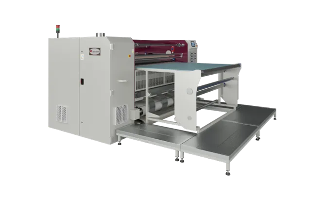 Industrial fabric cutting machine with conveyor belt and metal worktable.