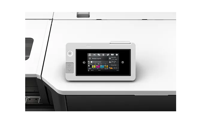 Close-up of a printer's control panel with a touchscreen displaying ink levels and print status.