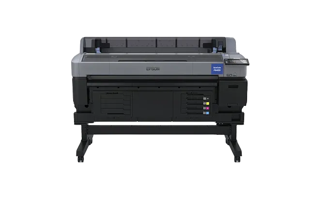 Epson SureColor F6400 large format printer on a stand with ink cartridges visible.