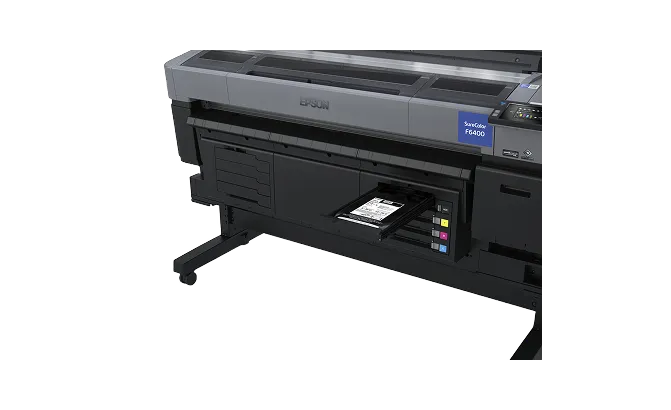 Epson SureColor F6400 wide-format printer with a black and gray body and a control panel on the right side.