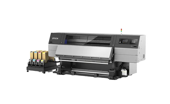 Epson large format printer with multiple ink cartridges attached.
