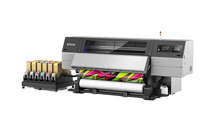 Epson SureColor F9430 industrial large-format printer producing vibrant patterned print.