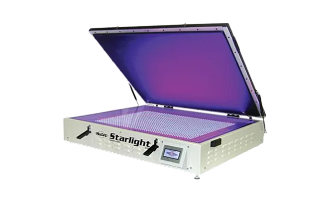Starlight device with an open lid revealing a purple interior mesh surface and control screen on front.