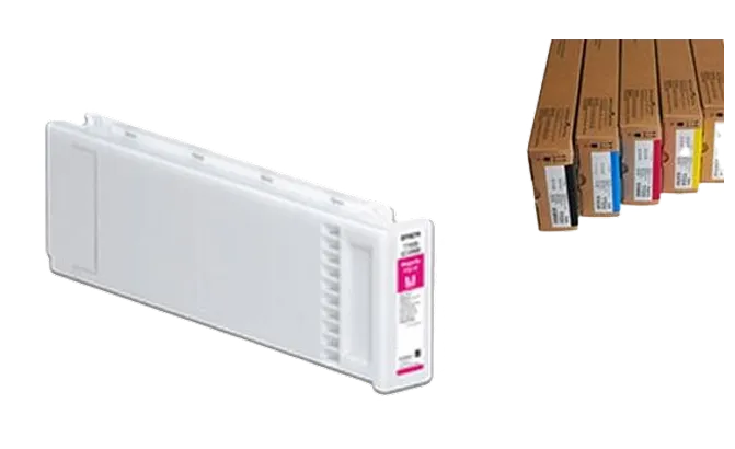 White ink cartridge with a magenta label, alongside six other ink cartridges in brown boxes in various colors including black, cyan, magenta, yellow, and light cyan.