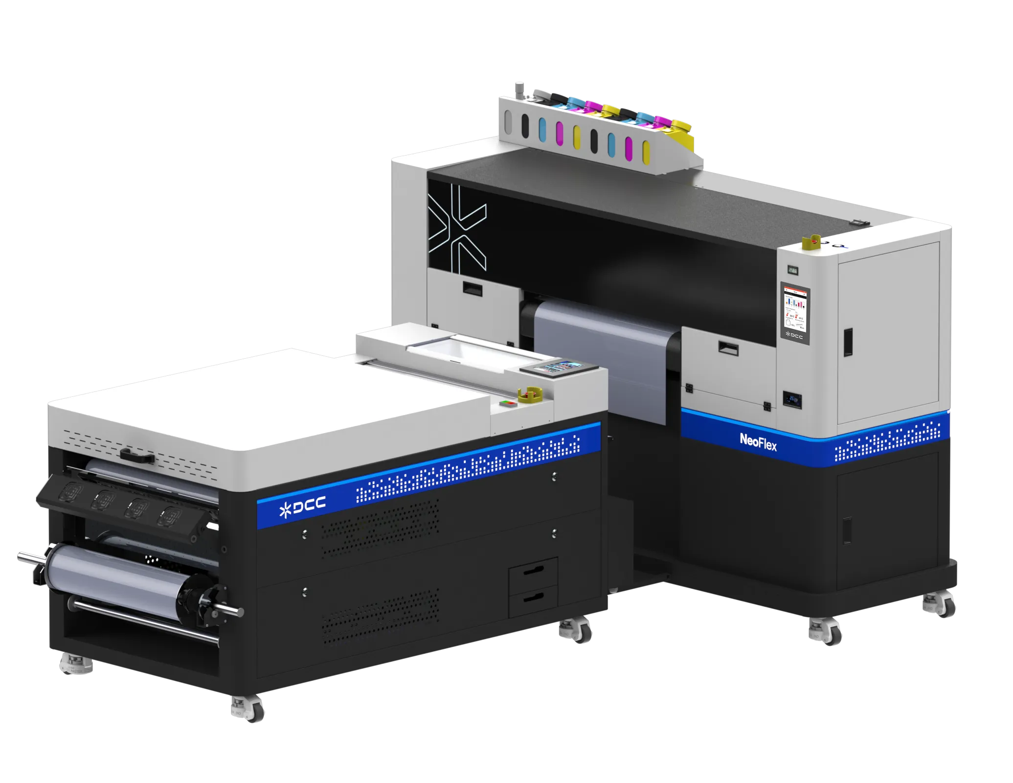 DCC NeoFlex industrial printer with multiple ink cartridges visible on top and a sleek black and white design.