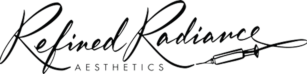 Logo with stylized cursive text 'Refined Radiance' above the word 'AESTHETICS' and a syringe graphic integrated into the design.