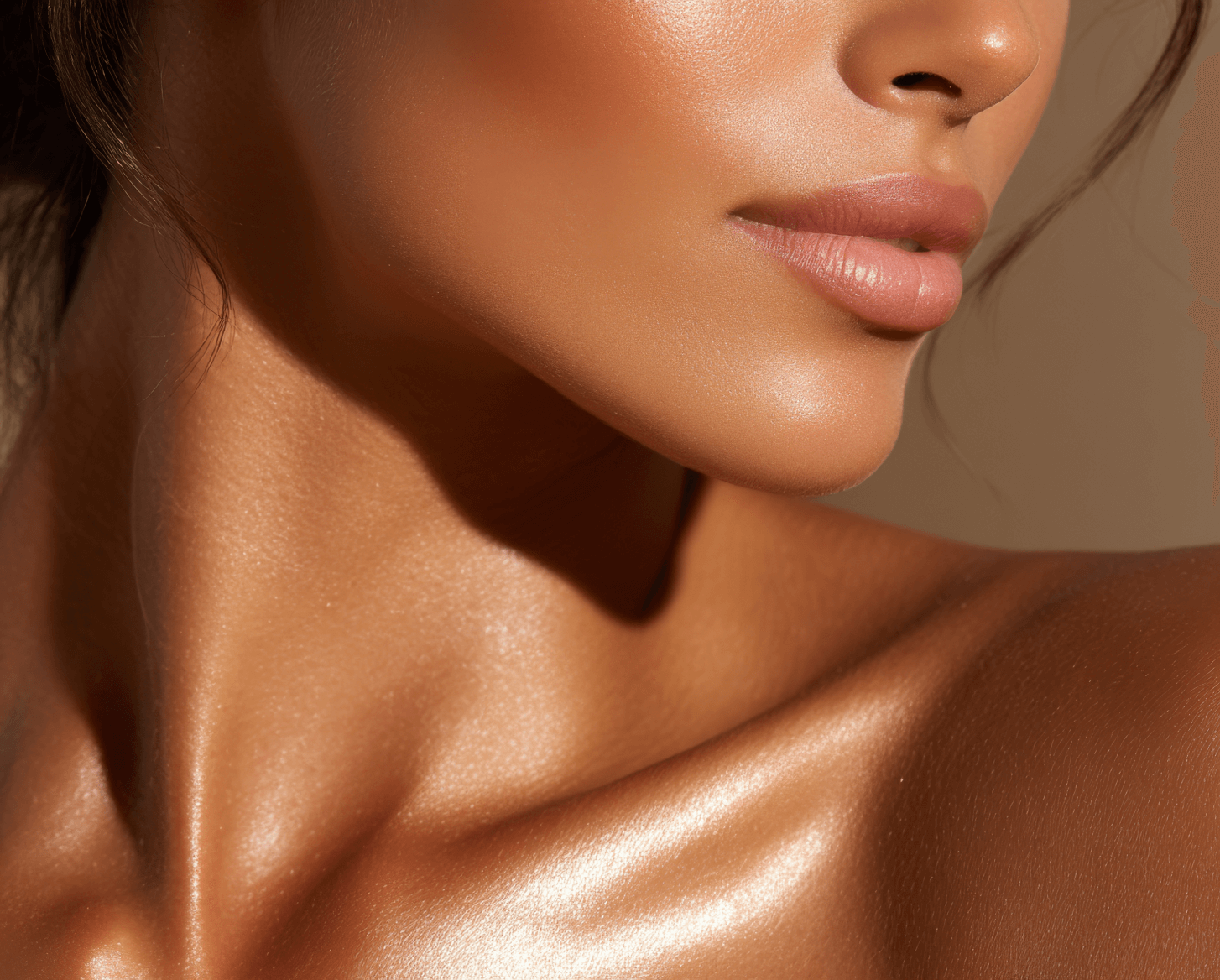 A close up of a woman with shiny skin.