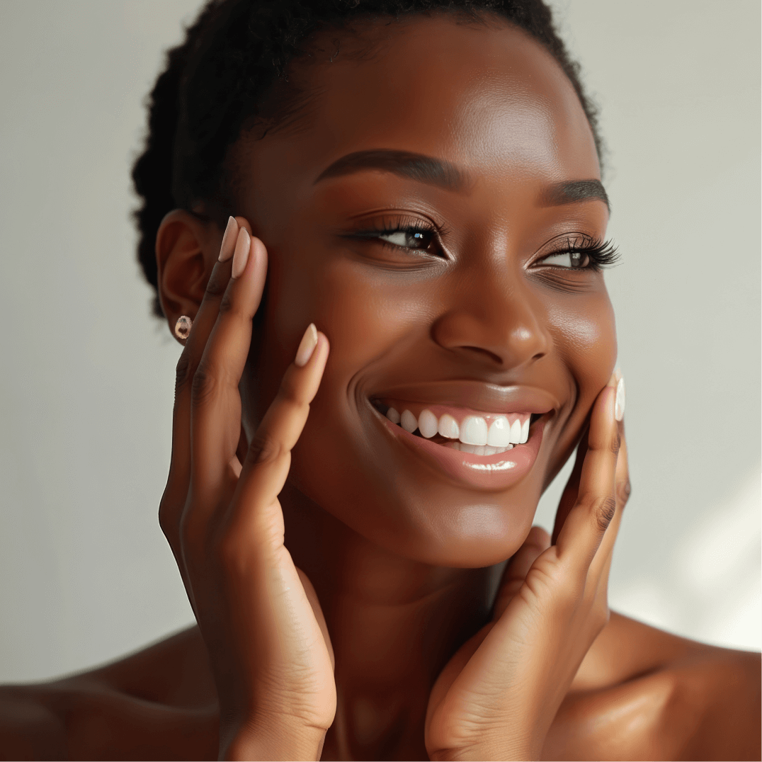 A woman smiling and holding her hands to her face.