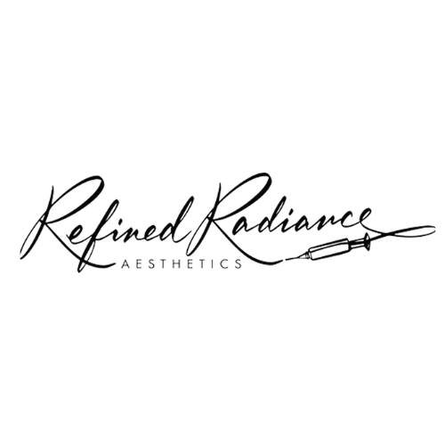 Logo for Refined Radiance Aesthetics featuring elegant cursive text and a syringe graphic.