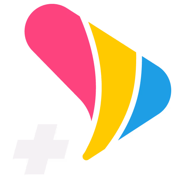 Abstract logo with three colorful shapes in pink, yellow, blue, and a white plus symbol.