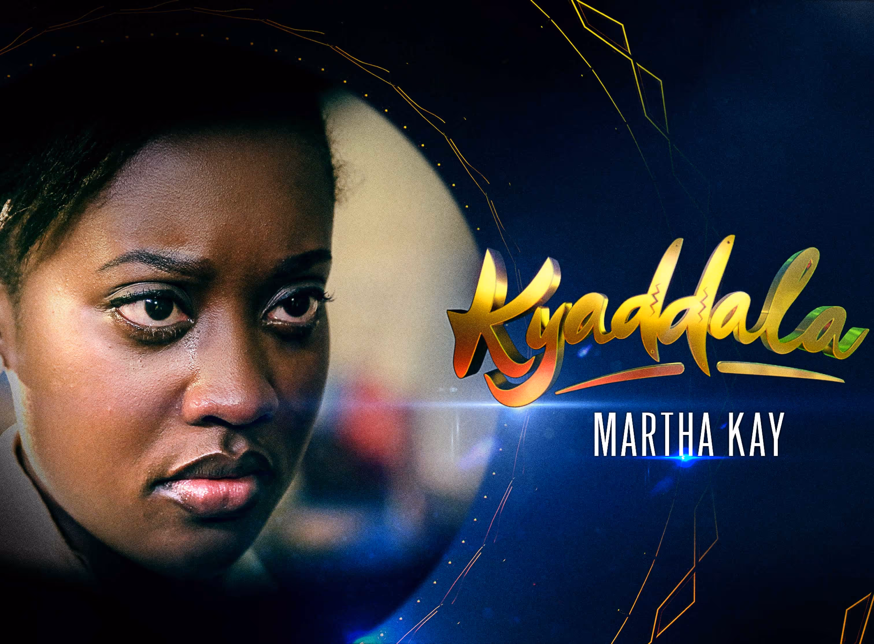 Close-up of a serious woman with dark skin looking slightly left, with the text 'Kyaadala Martha Kay' in gold and white.