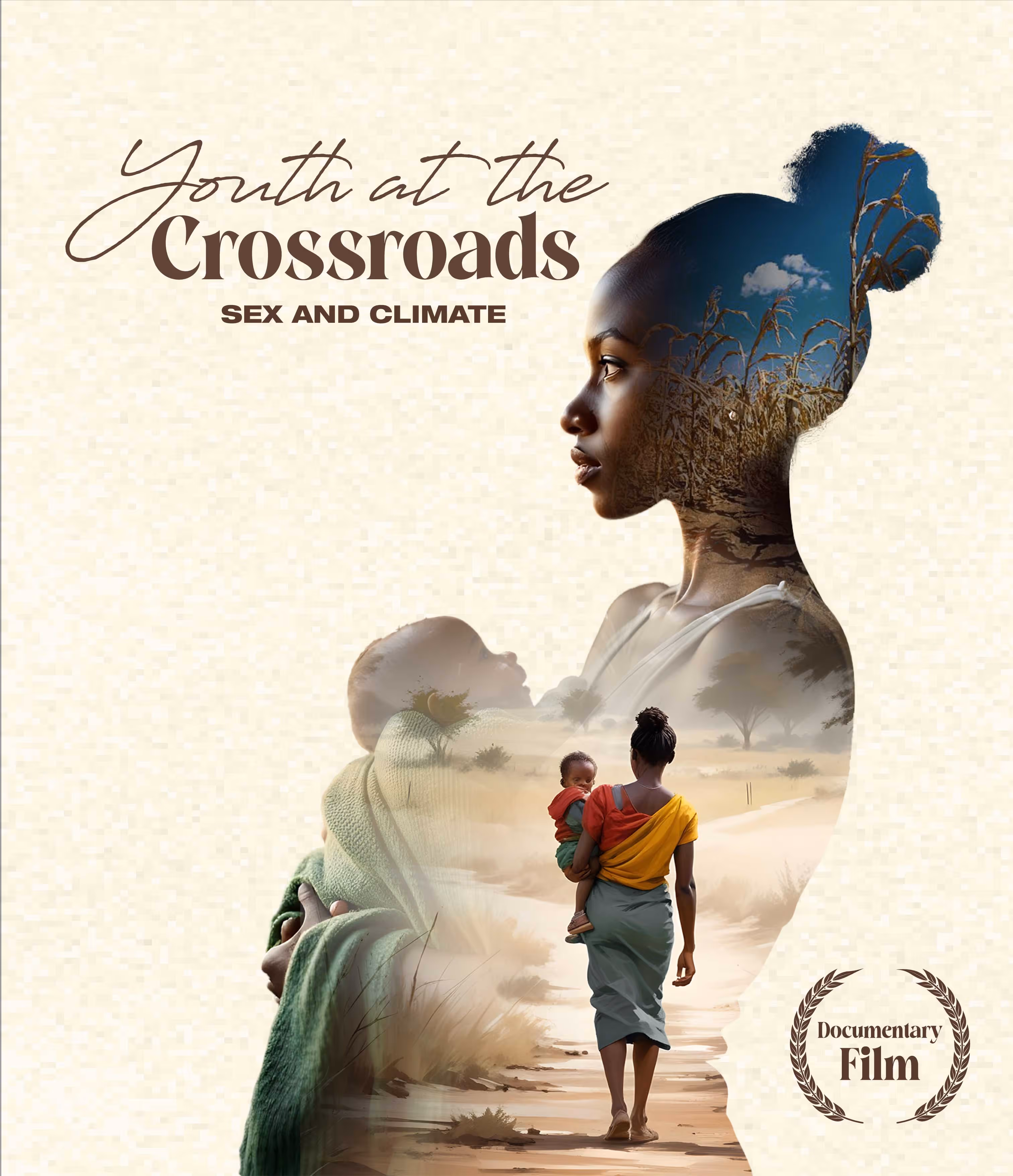 Silhouetted woman holding a child overlaid with a woman walking on a dusty path carrying a baby.