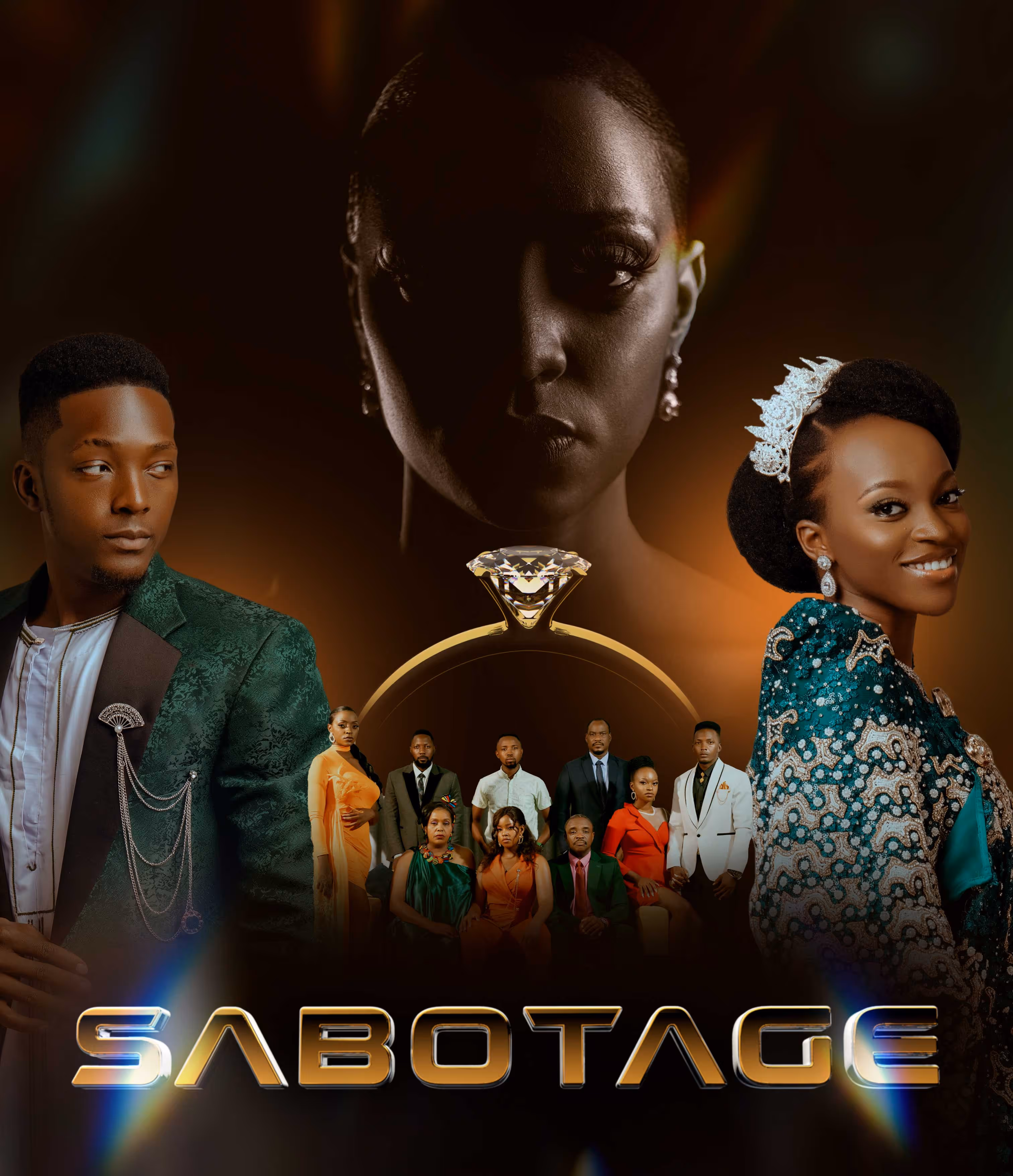 Portrait of a man and a smiling woman in traditional attire with a large ring and group behind, titled Sabotage.