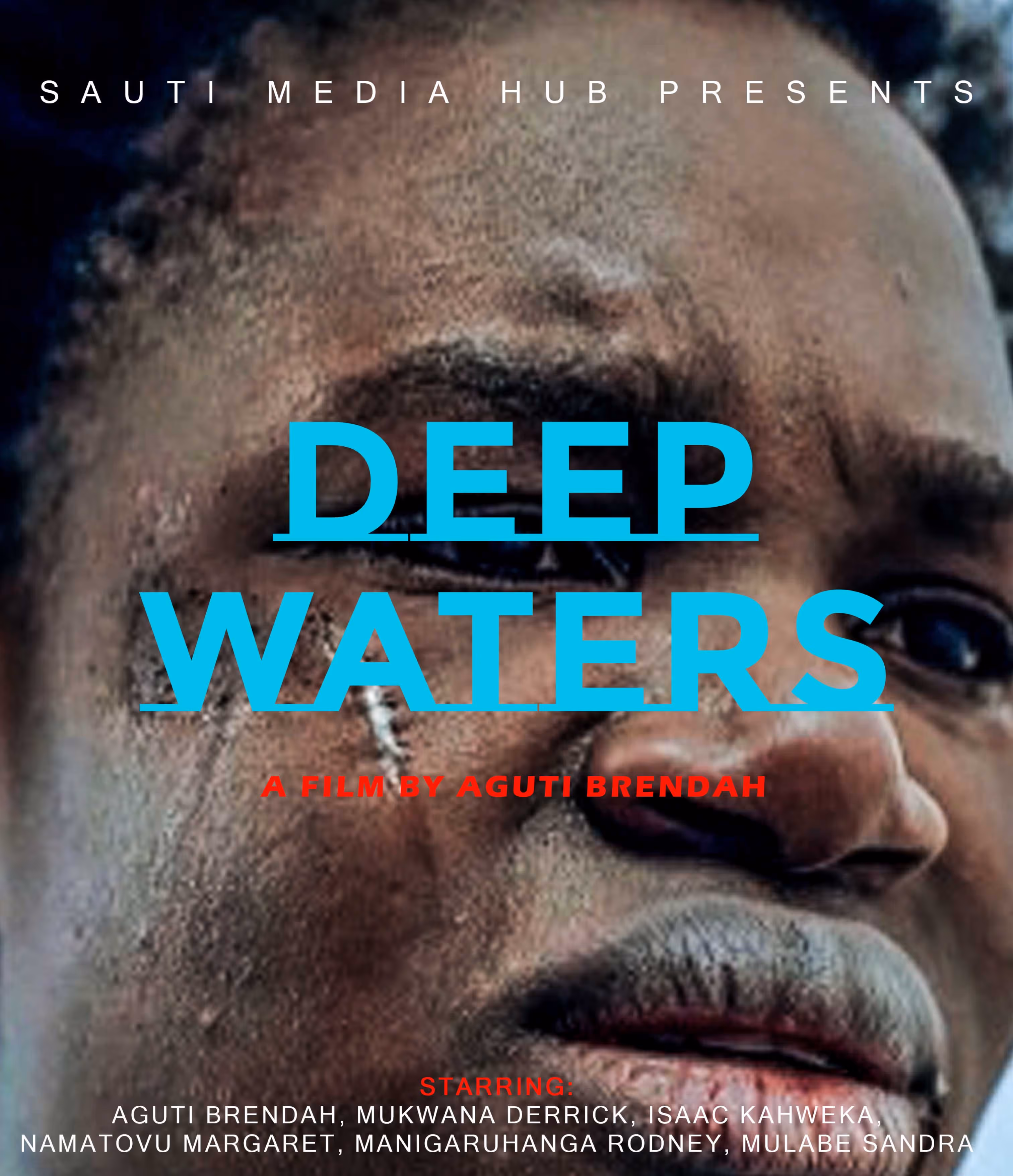 Close-up of a sorrowful man's face with tears, title 'Deep Waters' overlayed in blue text.