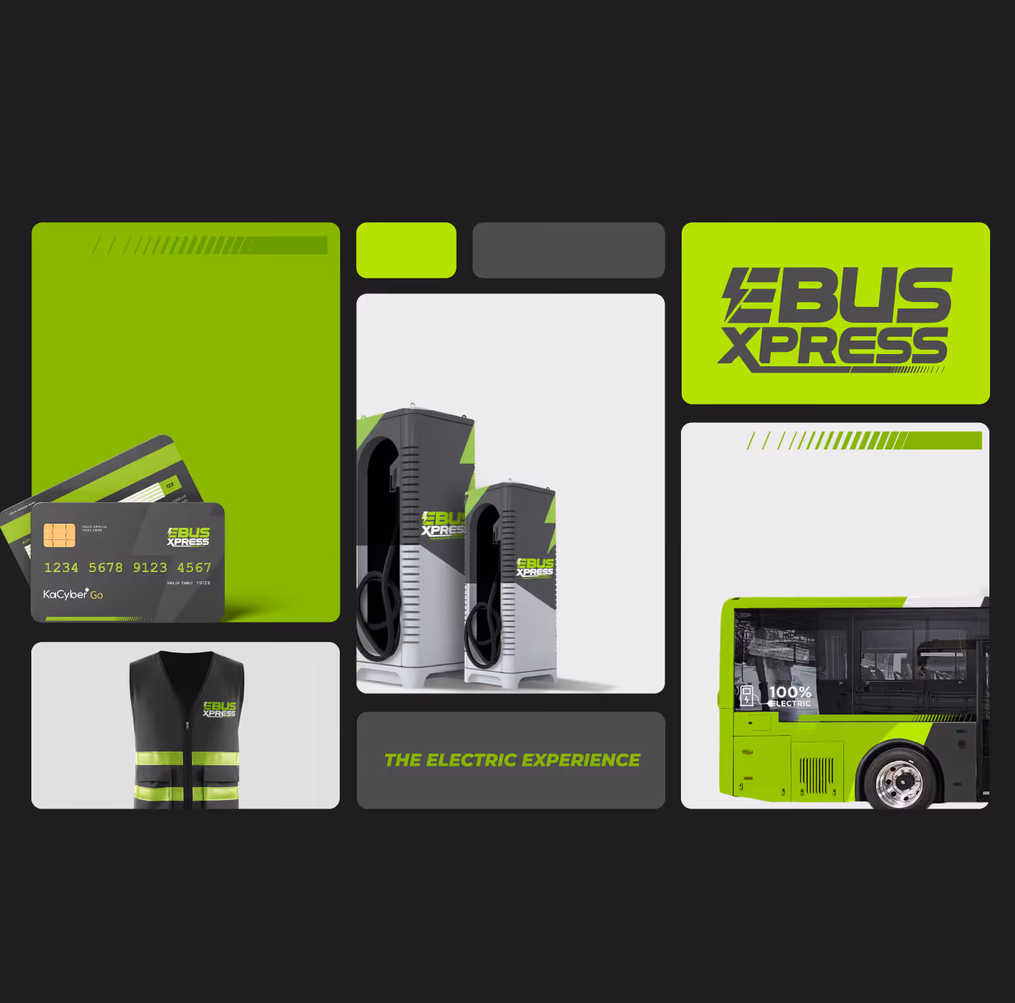 Branding elements for EBUS XPRESS including electric bus, charging stations, card, vest, and logo in green and black.