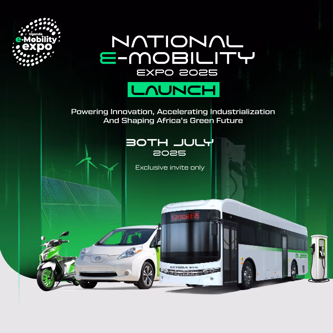 National e-mobility expo launch 2025 poster showing electric scooter, car, and bus with wind turbines and solar panels.
