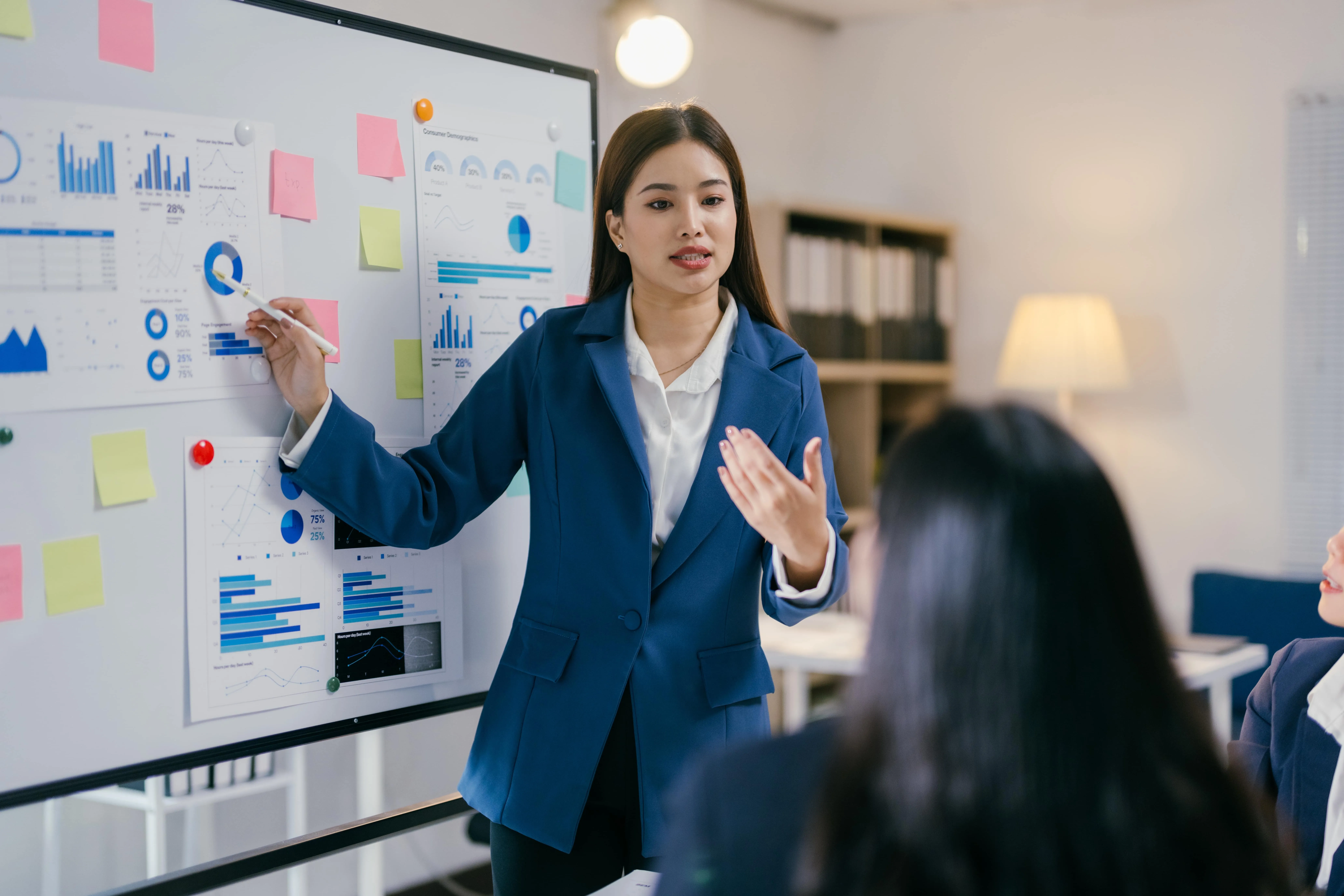 a woman presenting in front of a whiteboard