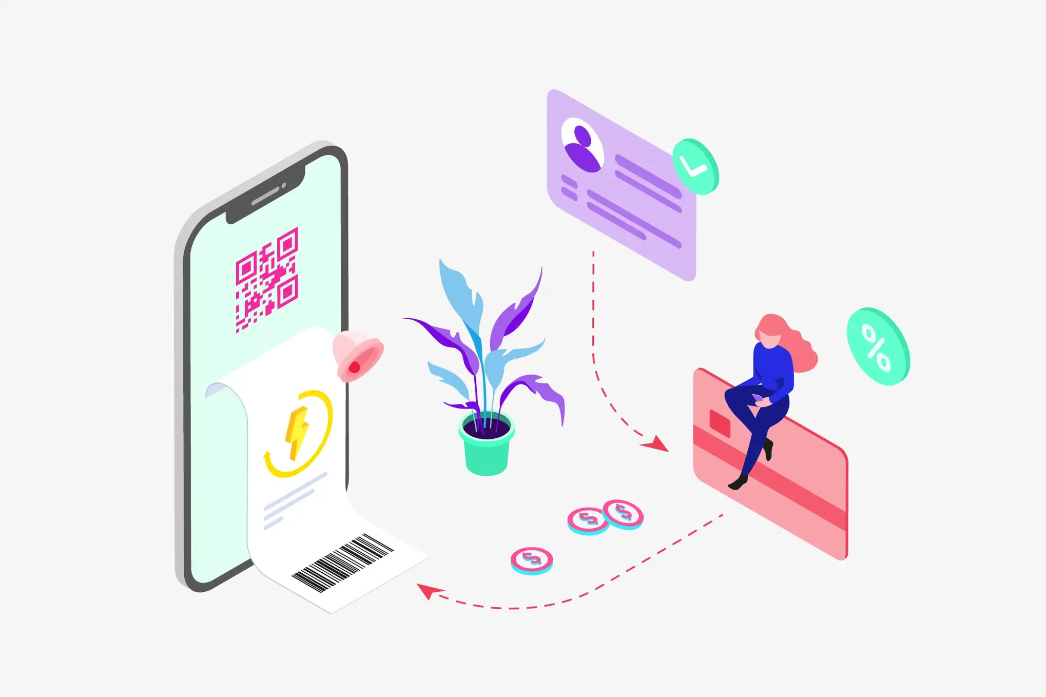 graphic of safe payment solutions woman sitting on card with phone with qr code