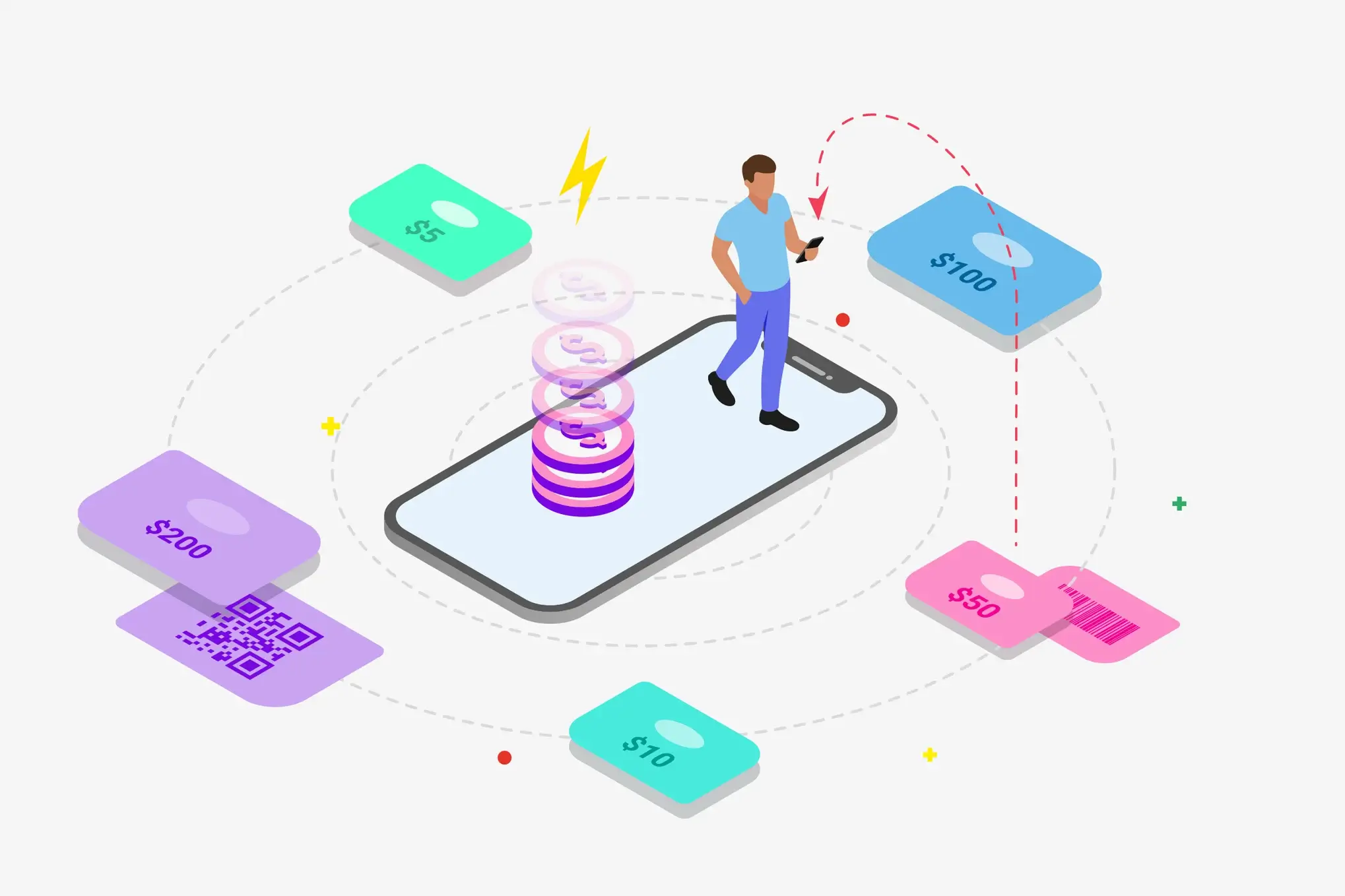 graphic of safe payment solutions man walking on phone with dollar bills around them
