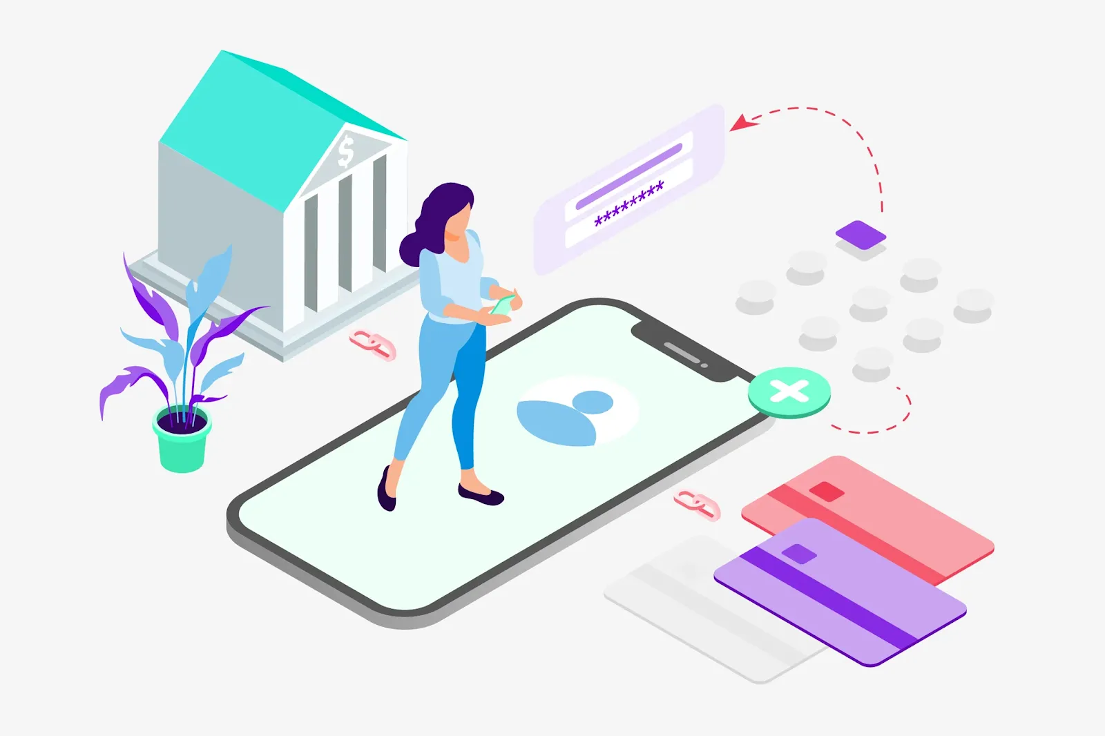 graphic of safe payment solutions woman stepping on phone with bank behind her