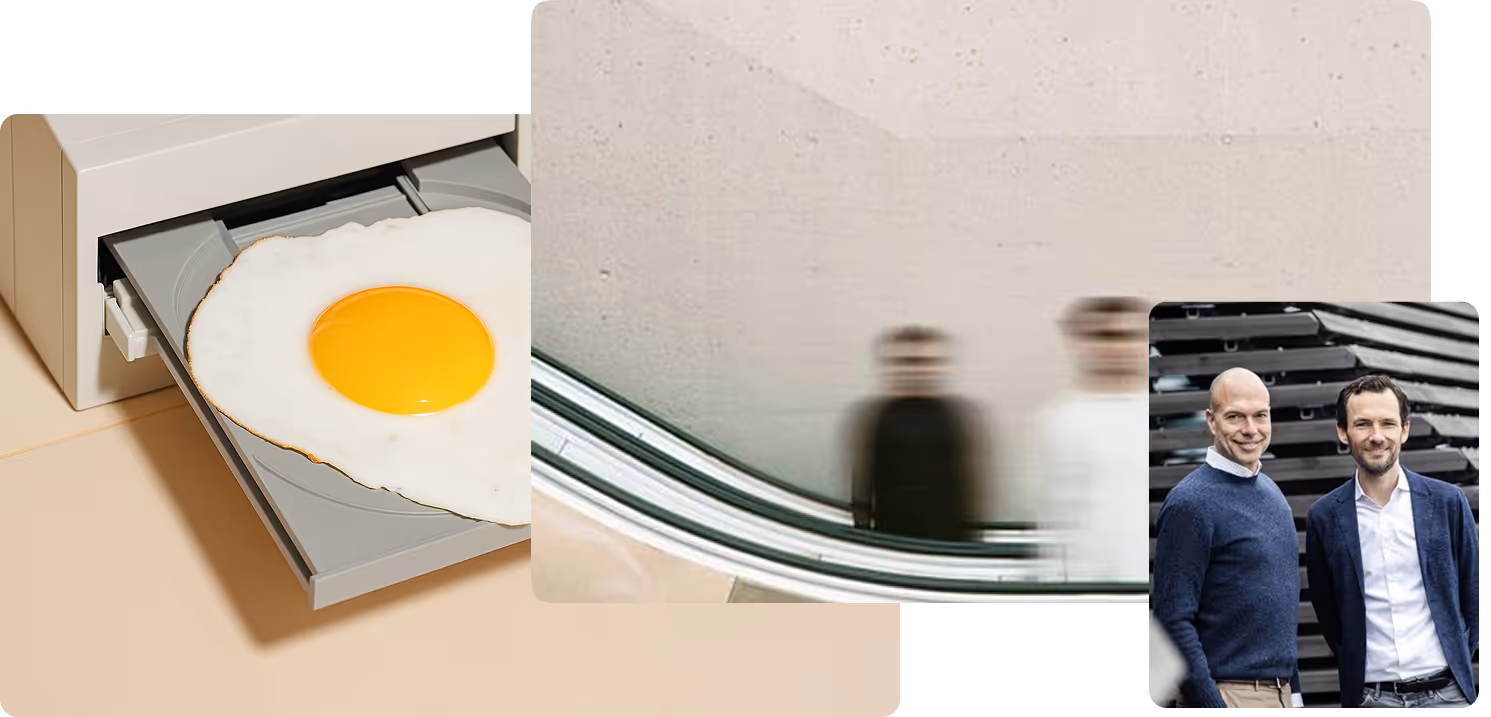 Left image shows a fried egg on a gray sliding tray from a beige appliance; middle image features two blurred figures standing beside a curved railing against a light concrete wall; right image shows two men, one bald and one with dark hair, standing and smiling outdoors in front of a black structure.