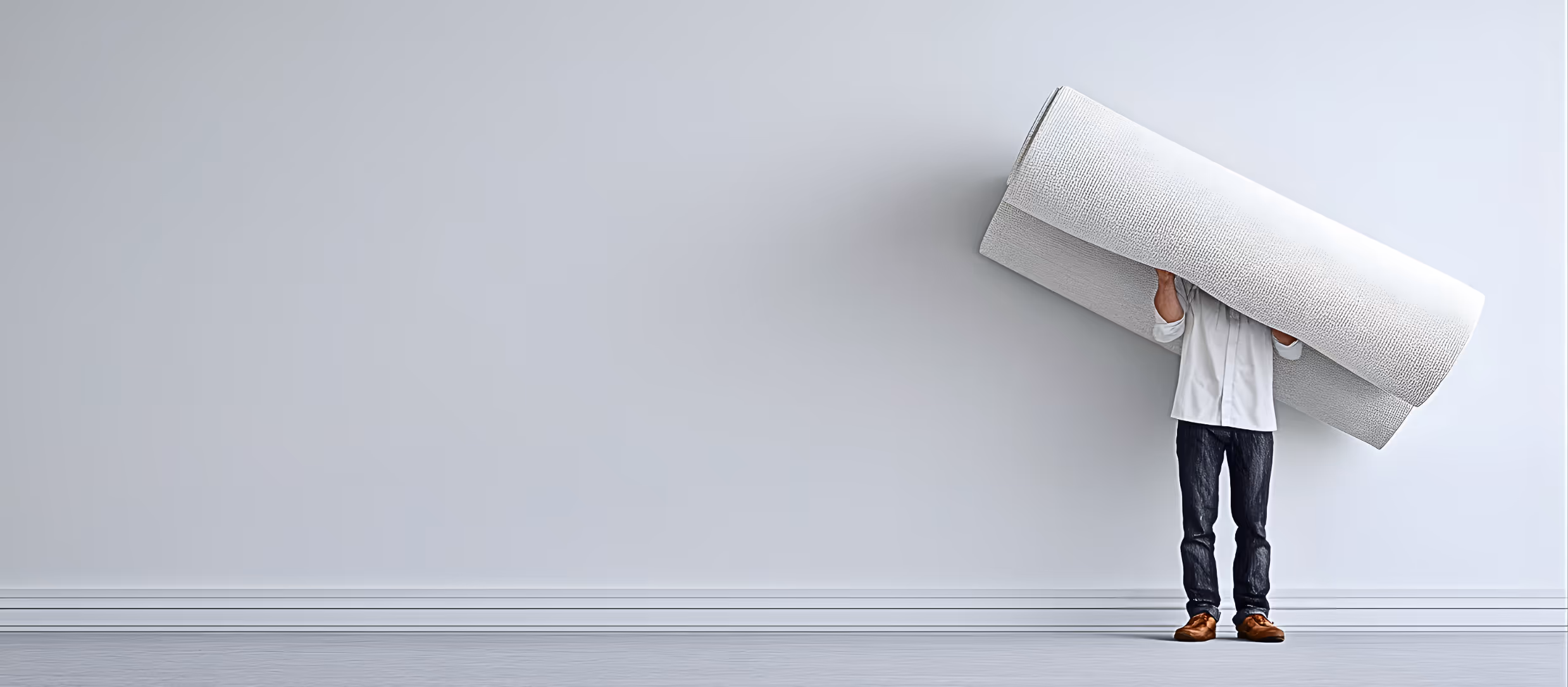 Person carrying two large rolled-up white carpets in a mostly empty room with light gray walls and carpeted floor.
