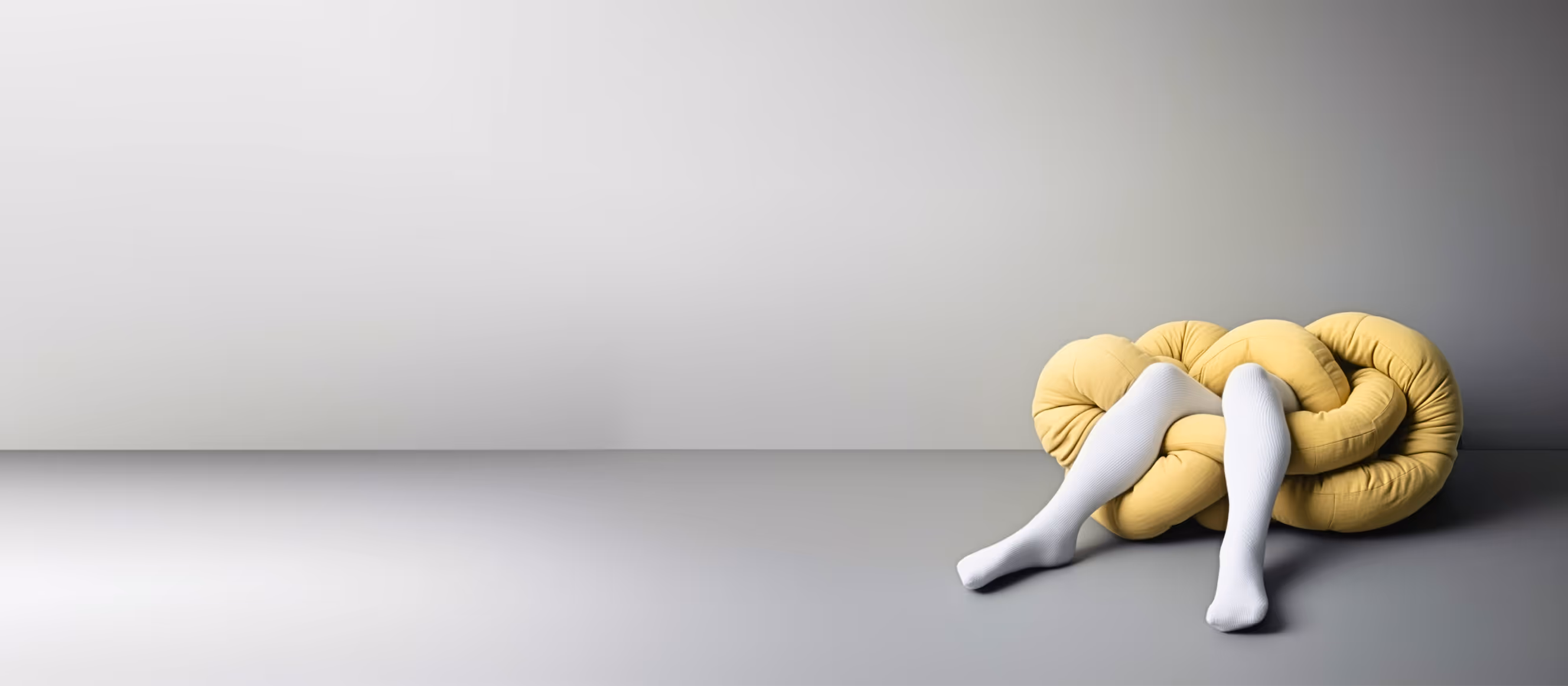 Person with white tights entangled and sitting within a large, twisted, beige soft cushion knot on a gray floor against a plain light gray wall.