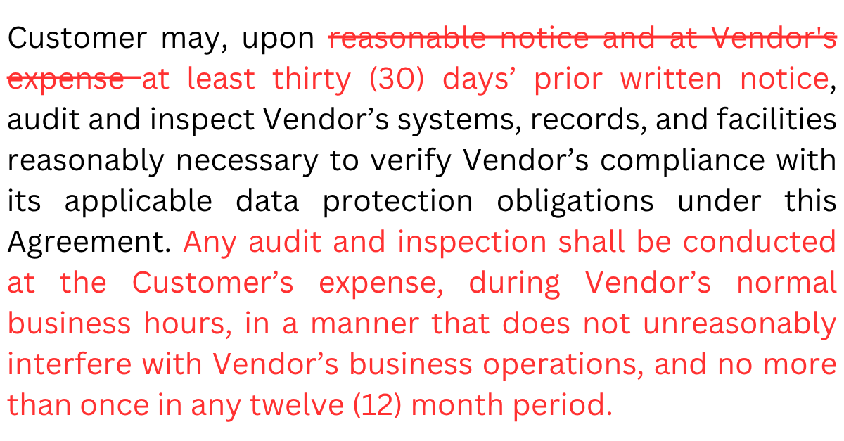 Redline of an audit clause requiring 30 days notice, customer expense, business hours and one audit per year