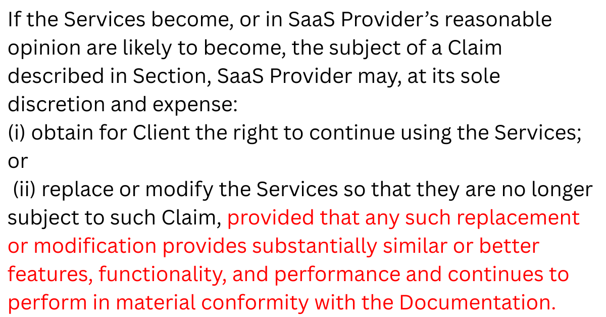 Redline of an IP remedy clause requiring replacements to provide substantially similar or better functionality