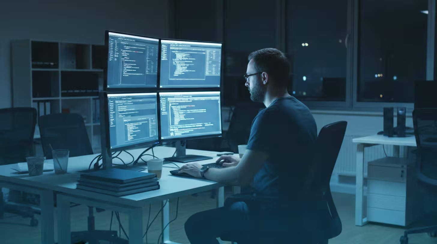 IT professional monitoring systems on multiple screens for 24/7 support