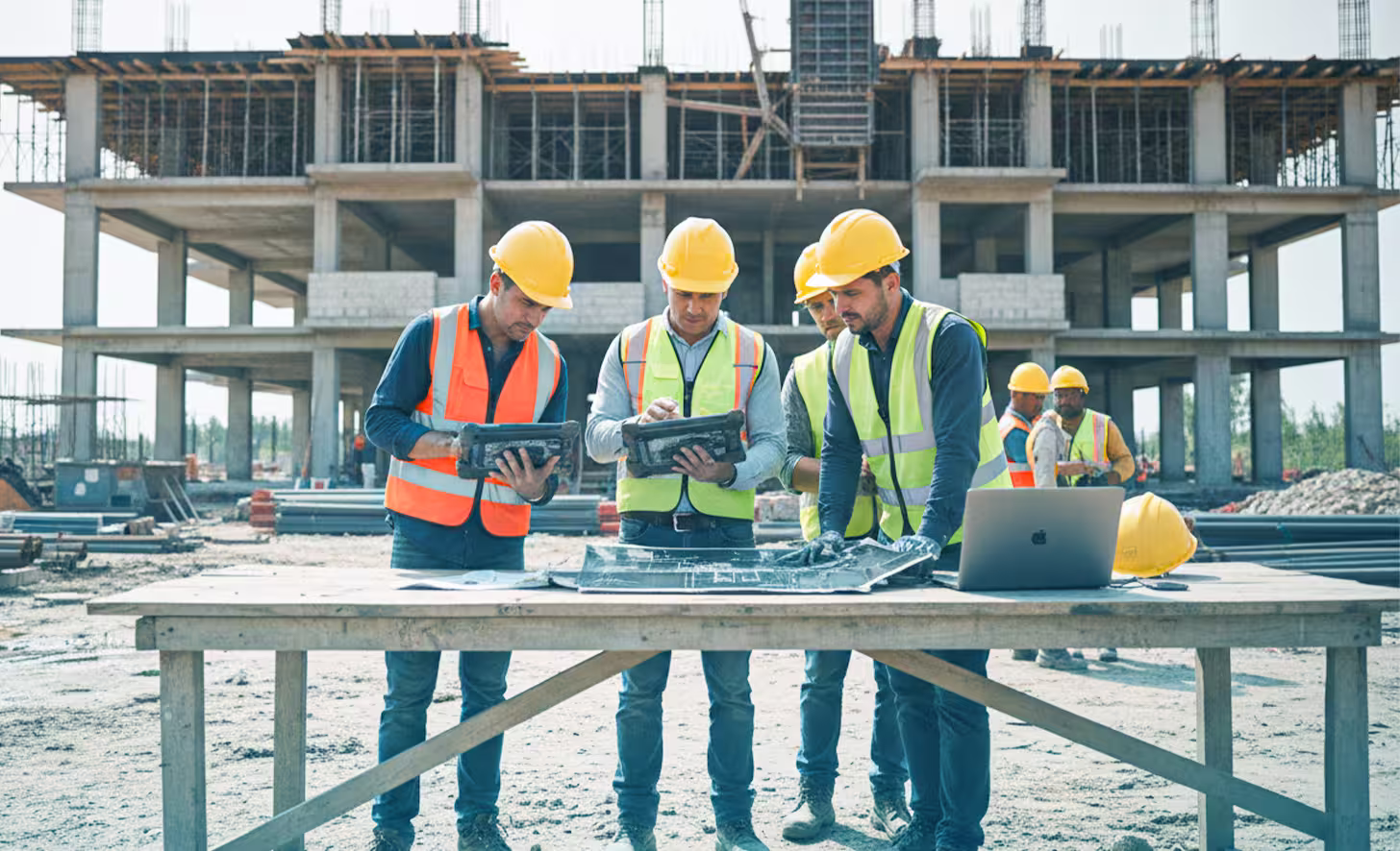 Construction IT support showing workers using digital tools and cloud systems on a job site