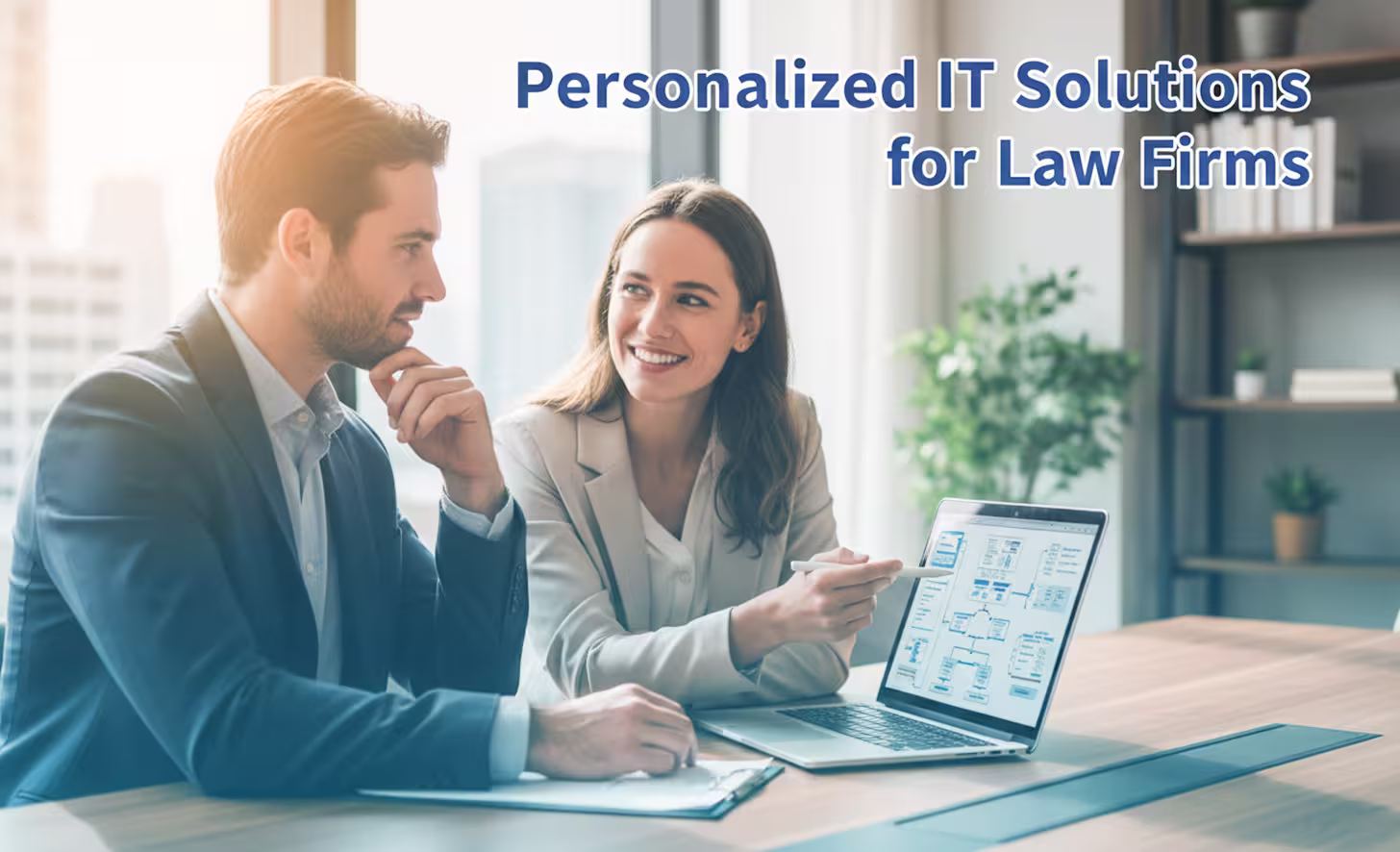 Law firm team using secure and specialized IT support systems in office
