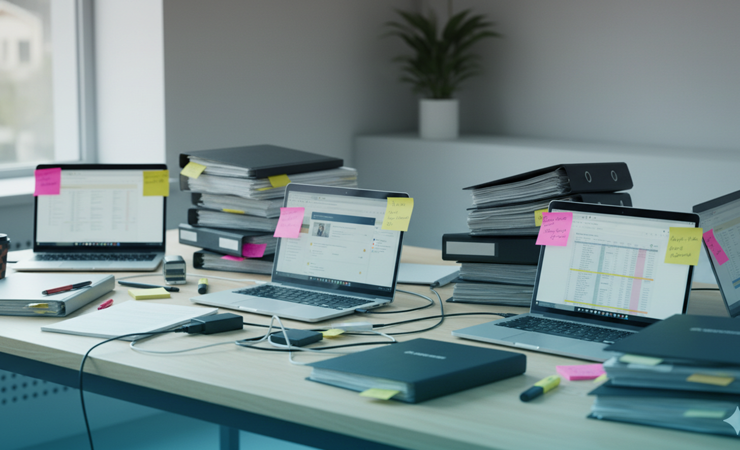 Busy legal office with scattered files and systems indicating IT management challenges