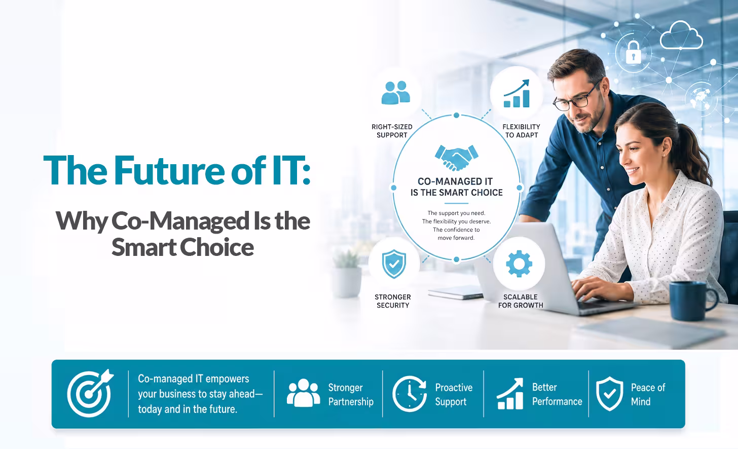 Professionals discussing future-focused IT strategies and business operations