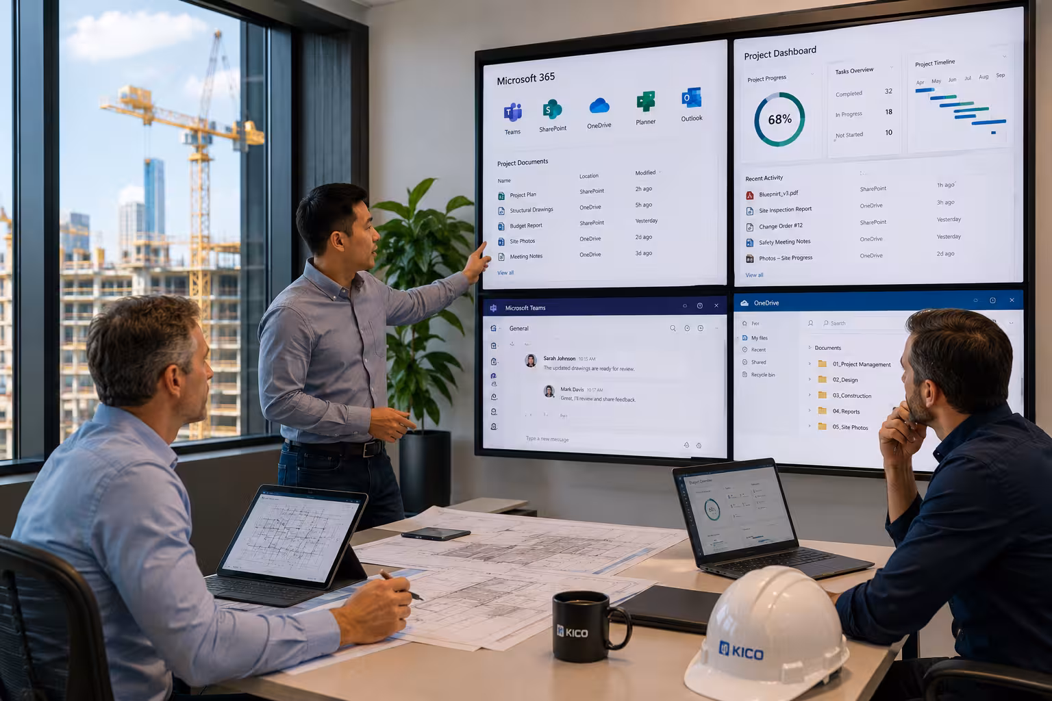 Construction professionals reviewing Microsoft 365 dashboards for project management