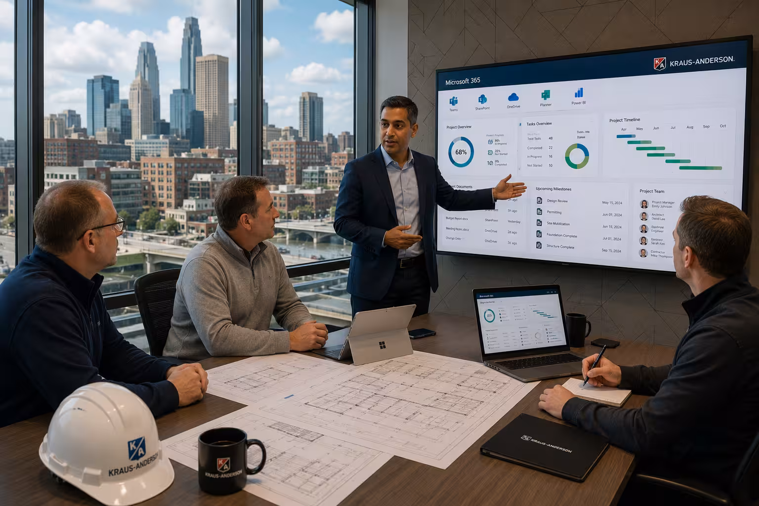 Minneapolis construction team using Microsoft 365 to manage projects and collaboration