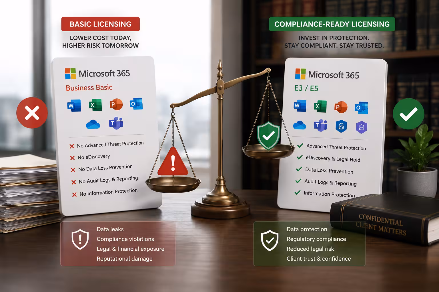 Comparison of Microsoft 365 licensing options highlighting compliance and security needs for law firms