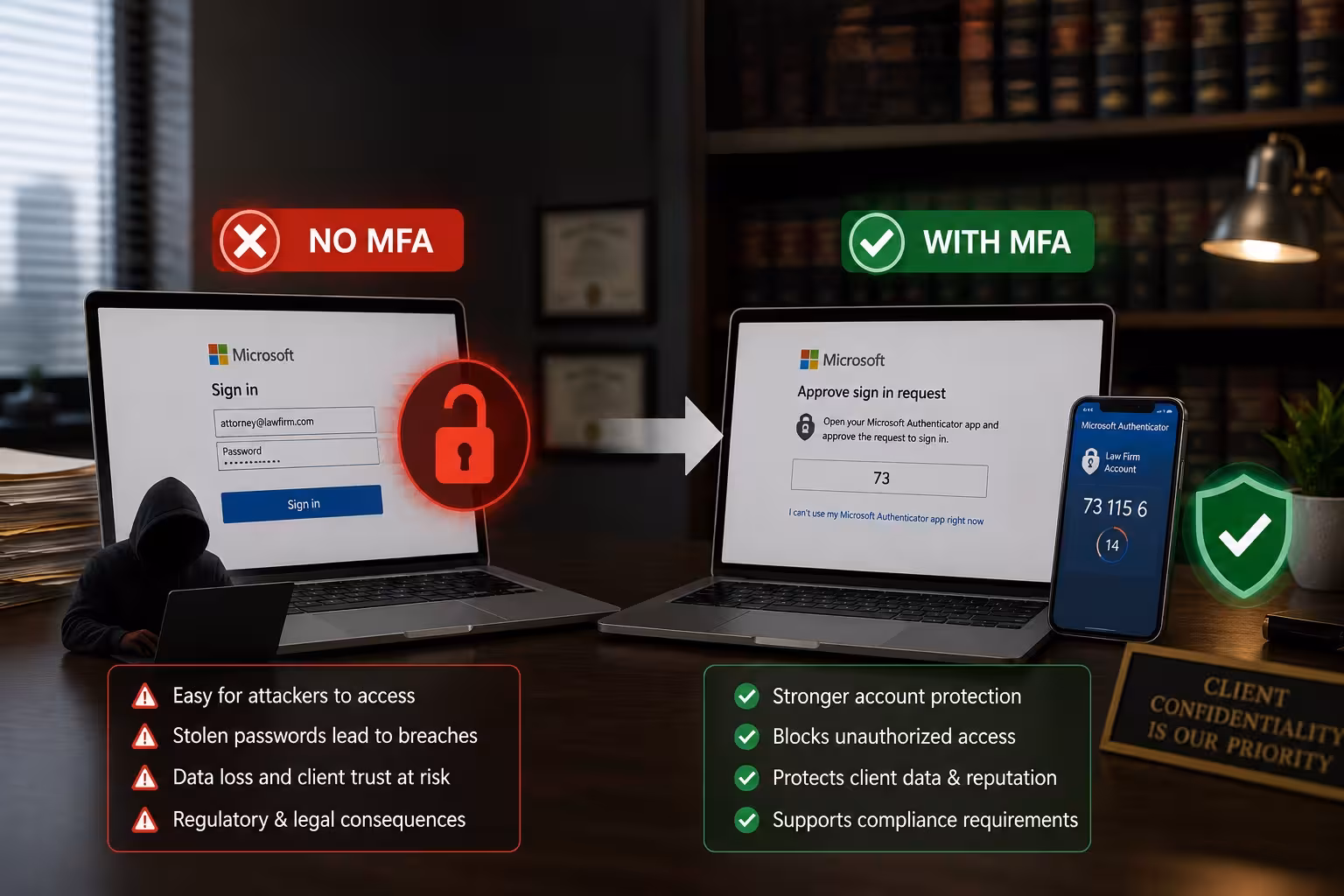 Comparison showing the importance of multi-factor authentication for protecting law firm Microsoft 365 accounts