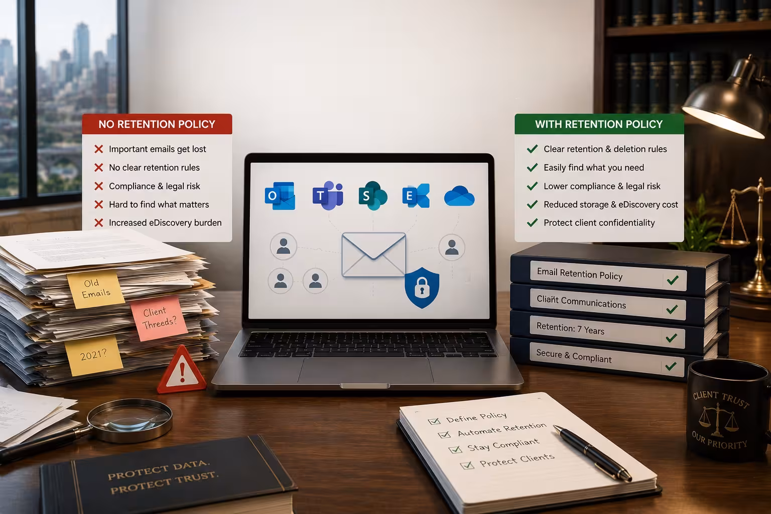Law firm comparing client communication practices with and without Microsoft 365 data retention policies