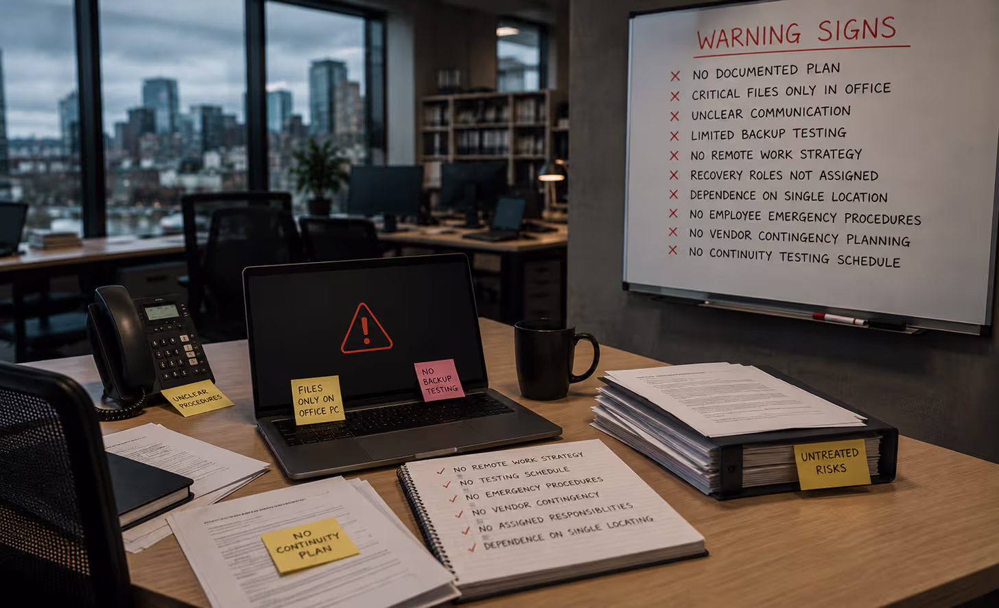Warning signs that a business continuity plan is missing, including lack of backups, remote work strategy, testing, and disaster recovery procedures